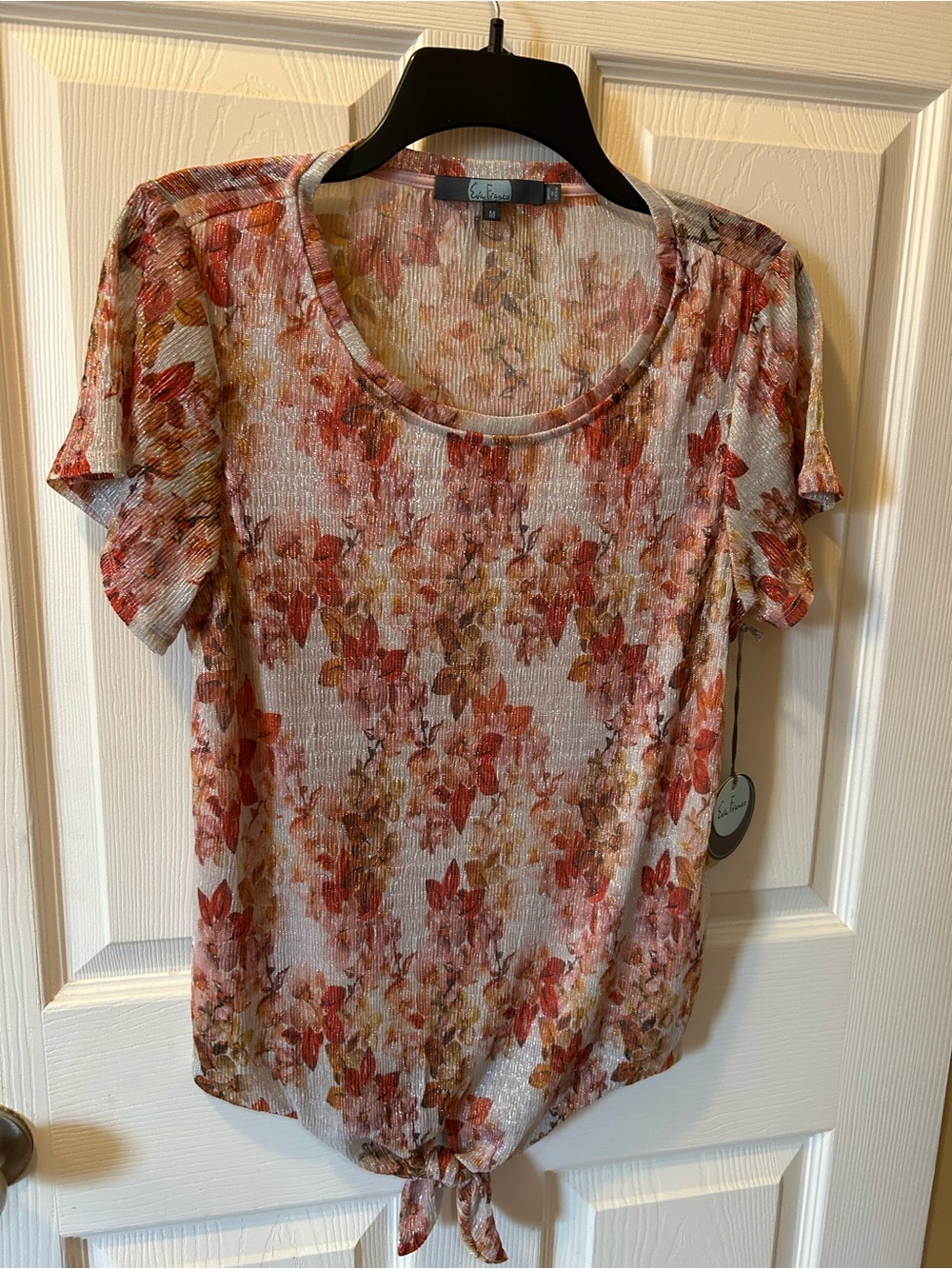 Eva Franco Size Medium Women's Floral Tie-Front Short Sleeve Top Coral Multi NWT